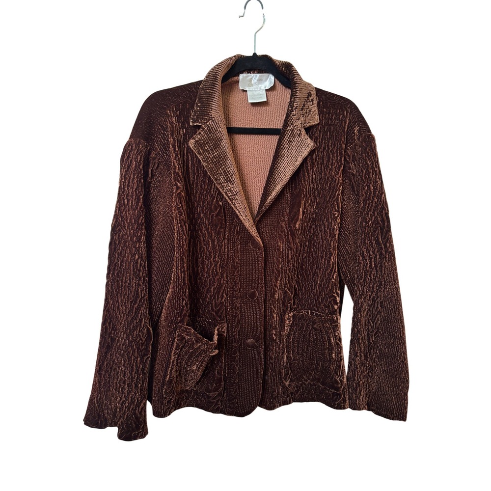 Y2K Jeune Jeunesse Brown Textured Crinkle Velvet Button Front Blazer Jacket